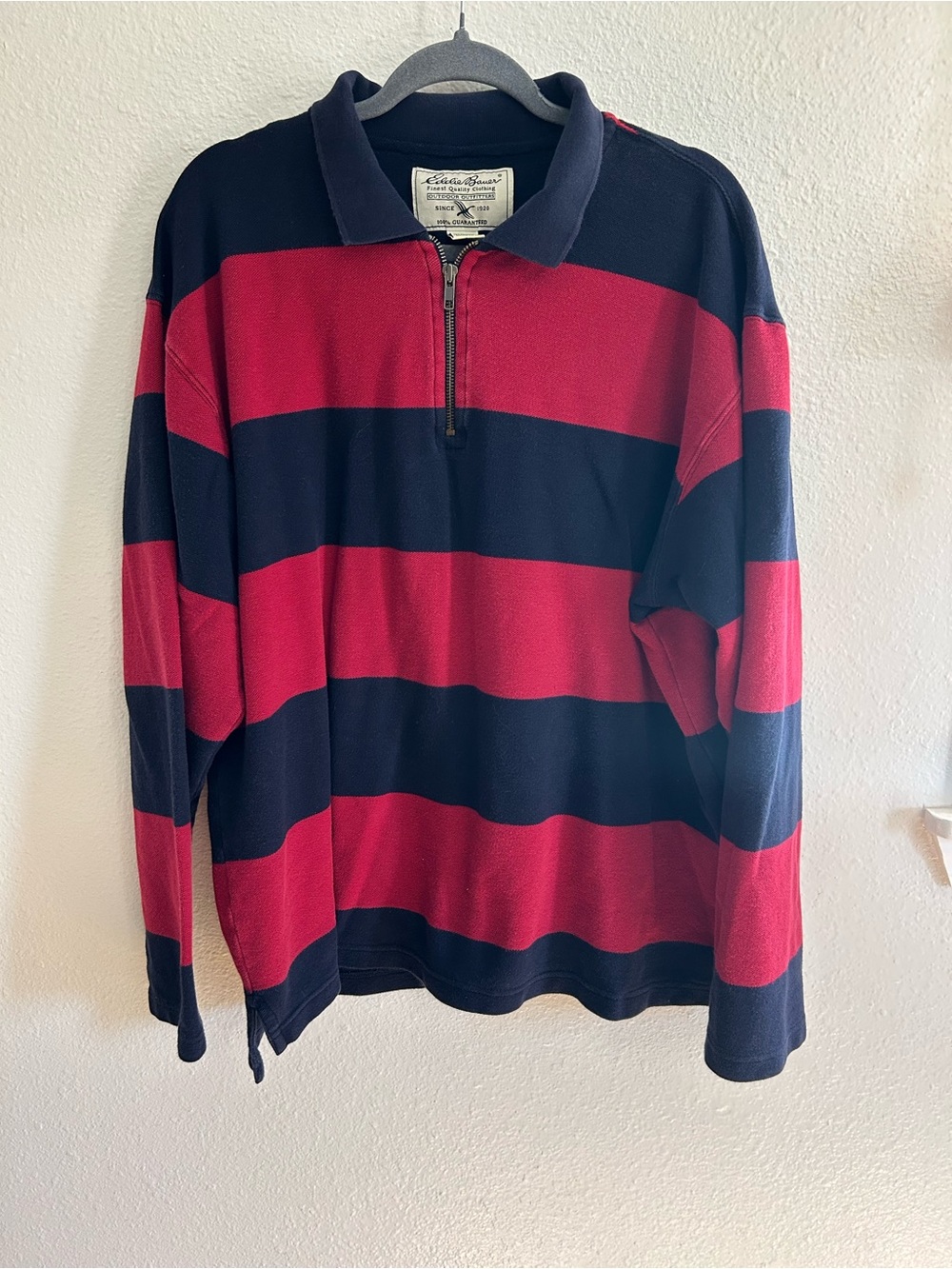 Vintage Eddie Bauer Quarter Zip Striped Polo Rugby Long Sleeve Mens Size XL